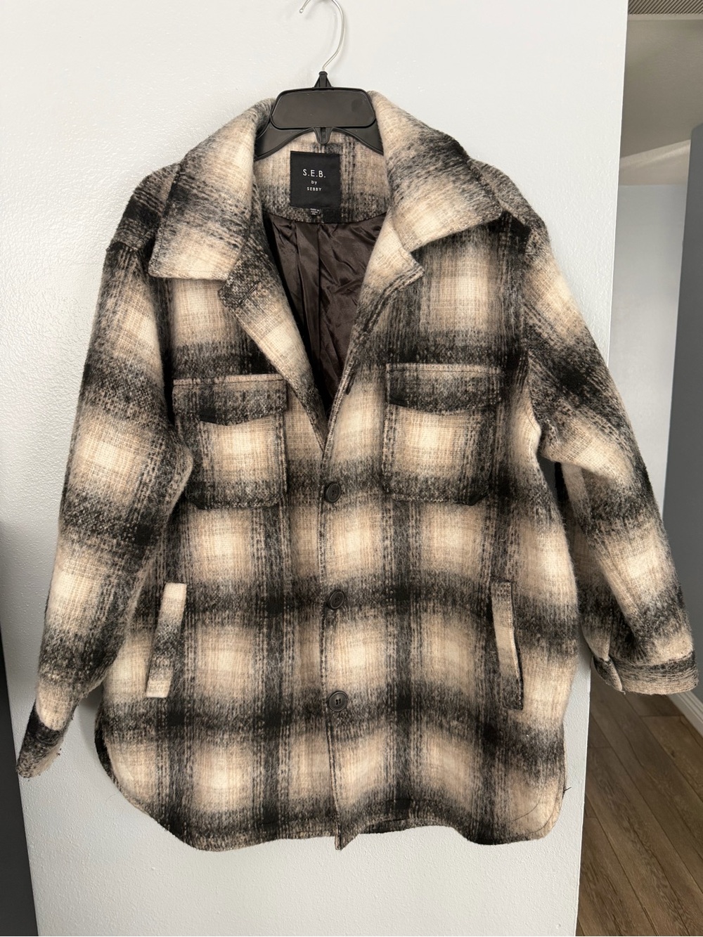S.E.B. by Sebby black and cream plaid oversized shacket size XL